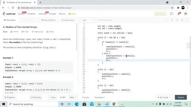 LeetCode Median of Two Sorted Arrays - Java смотреть онлайн