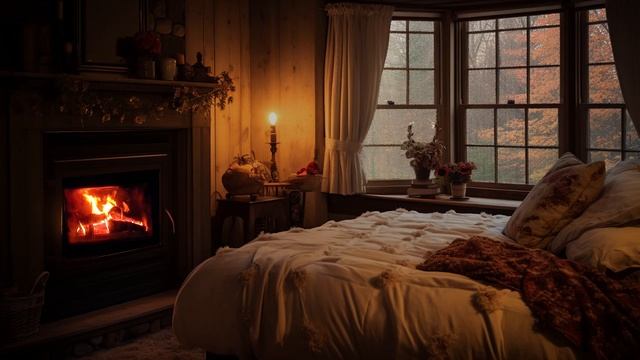Cozy Cabin Atmosphere | Relaxing Autumn Night With Gentle Rain & Cozy Fireplace For Deep Sleep