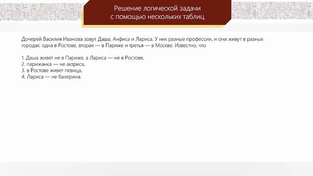 Решение логических задач с помощью нескольких таблиц | Информатика 6 класс #14 | Инфоурок смотреть онлайн