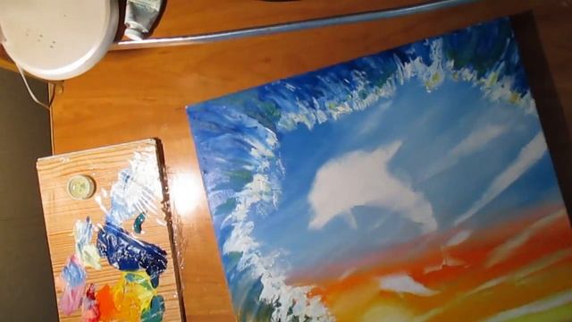 Прыгающие дельфины.нарисовать масляными красками. смотреть онлайн