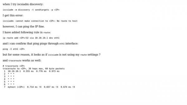 Unix & Linux: iscsiadm: cannot make connection to ＜IP＞: No route to host