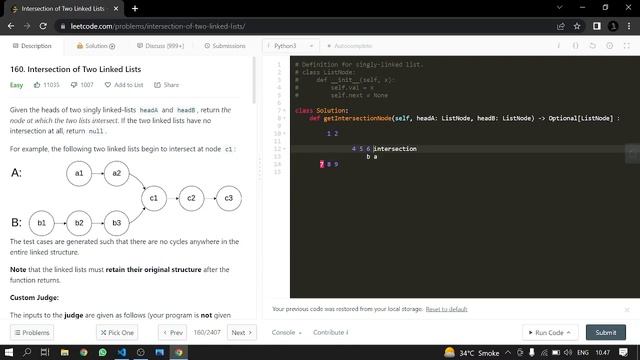 160. Intersection of Two Linked Lists | Leetcode | Python смотреть онлайн