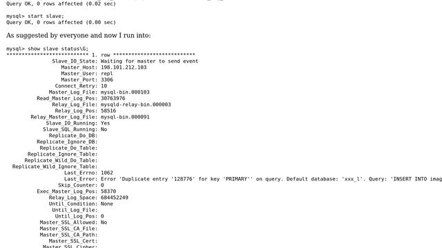 Databases: MySQL replication duplicate key errors after error 1594 смотреть онлайн