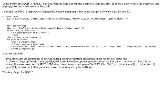 GIS: Getting pyqgis geometry() into PostGIS database via psycopg2 - Python 3.7 QGIS 3 смотреть онлайн