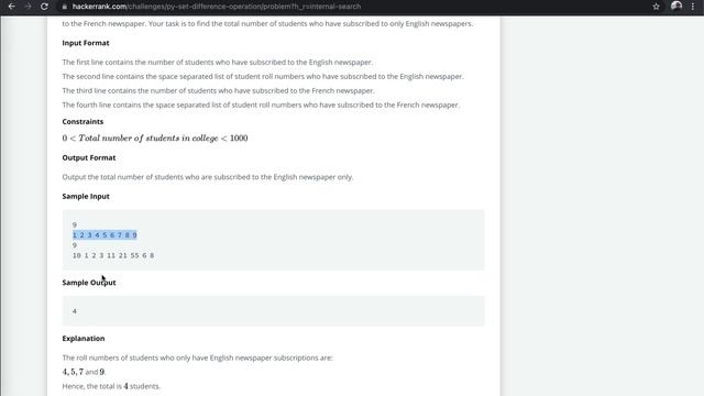 Set difference Operation HackerRank Python смотреть онлайн