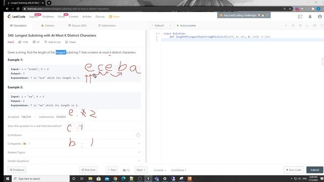 LeetCode 340. Longest Substring with At Most K Distinct Characters смотреть онлайн