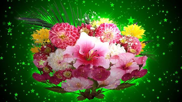 Шикарный футаж: Цветочная композиция из георгин и лилий на зелёном фоне с эффектом звёзд смотреть онлайн