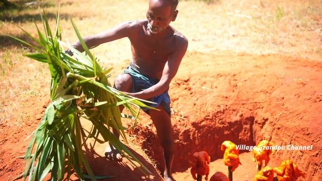 Spicy Oven Chicken - Underground Palm Leaf Chicken Recipe | Village Grandpa Making Full Chicken