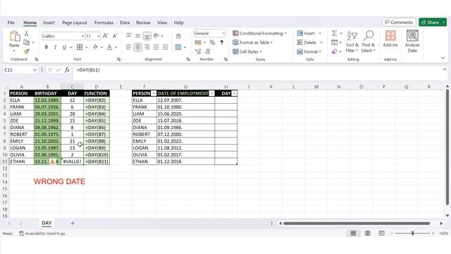Excel - Date and time function - DAY - returns the day of a date смотреть онлайн