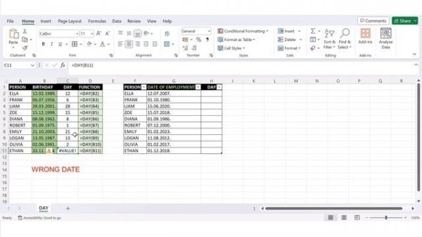 Excel - Date and time function - DAY - returns the day of a date