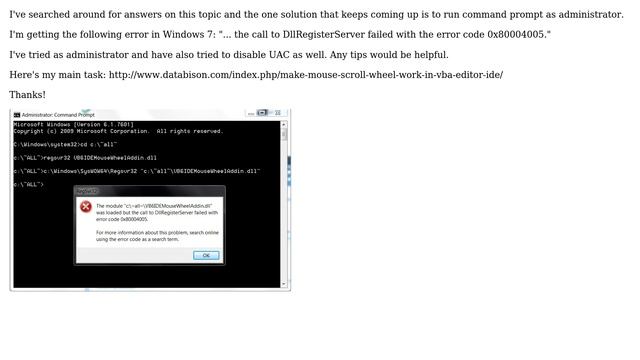 Win7: "... the call to DllRegisterServer failed with the error code 0x80004005." (2 Solutions!!) смотреть онлайн