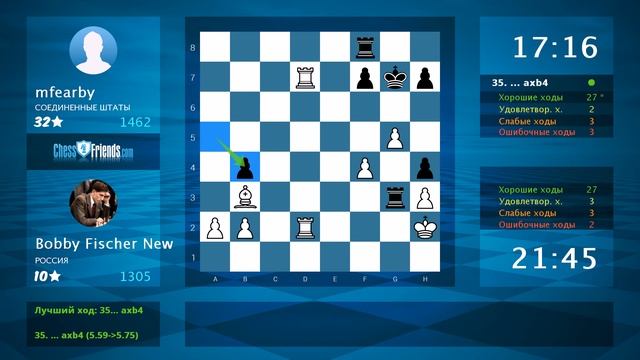 Анализ шахматной партии: Bobby Fischer New - mfearby, 1-0 (по ChessFriends.com) смотреть онлайн