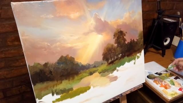 #38 ВЕЧЕРНИЙ СОЛНЕЧНЫЙ ПЕЙЗАЖ маслом. Как нарисовать пейзаж. Evening Sunshine Landscape oil paintin смотреть онлайн