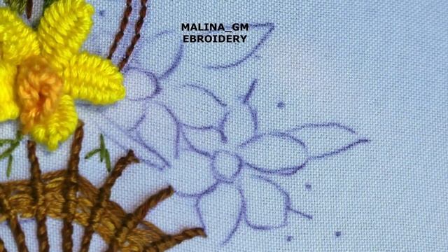 Flower Embroidery:  Basket With Flowers Daffodils