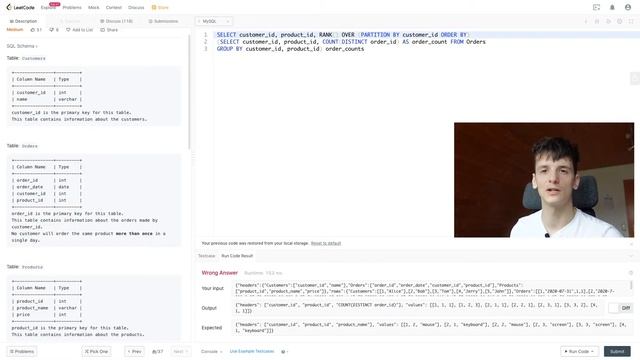 Leetcode 1596: The Most Frequently Ordered Products for Each Customer [SQL] смотреть онлайн