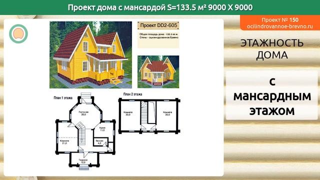 Проект дома № 150 с мансардным этажом 134 м2 9 X 9 из оцилиндрованного бревна смотреть онлайн