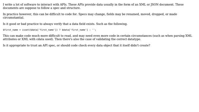 Software Engineering: Should every data field be verified to exist when parsing data from an API смотреть онлайн