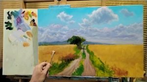 Яркий летний пейзаж|Как рисовать поле|Как нарисовать летнее небо