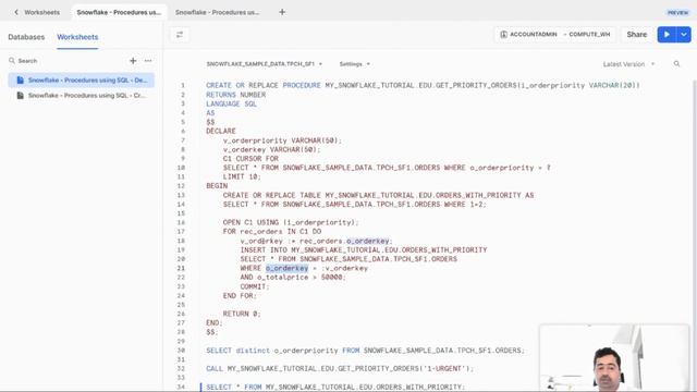 Snowflake - Procedures using SQL - Declare and Use Parameterized Cursor смотреть онлайн