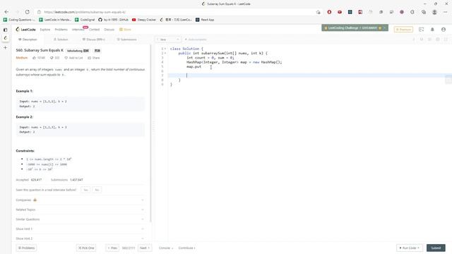 LeetCode 560 | Subarray Sum Equals K | HashMap | Java смотреть онлайн