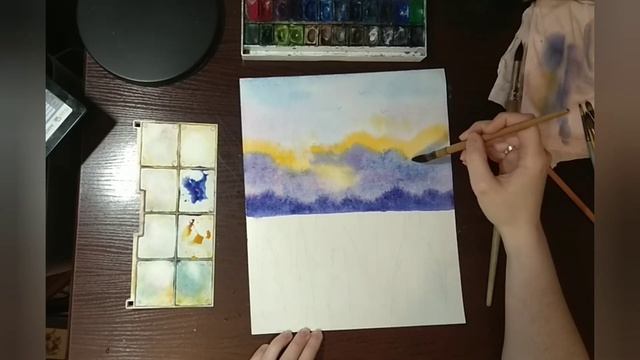 Акварельный пейзаж (закат) смотреть онлайн