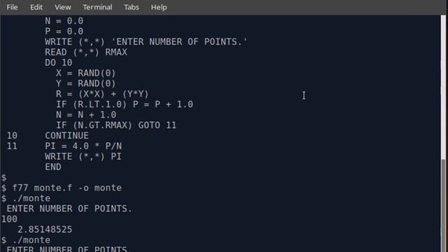FORTRAN Program to estimate PI from Monte Carlo Method - Random Points. смотреть онлайн