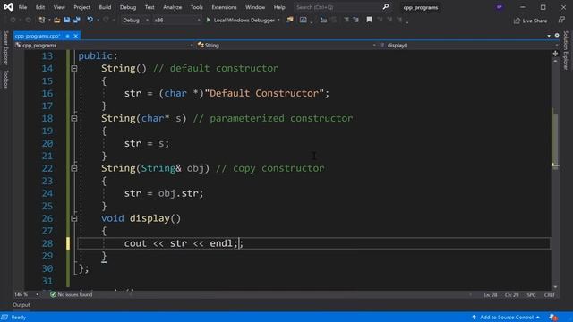 String class demo with default, parameterized and copy constructor in C++ смотреть онлайн