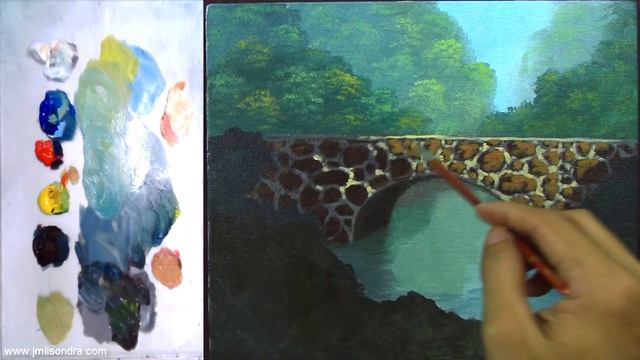Acrylic Landscape Painting Tutorial Autumn with Red Tree on Concrete Bridge and River by JM Lisondr смотреть онлайн