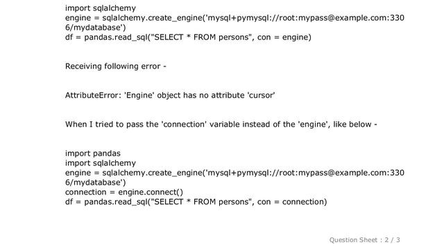 Pandas : Pandas read_sql() - AttributeError: 'Engine' object has no attribute 'cursor' смотреть онлайн