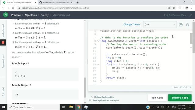 HackerRank C++ Solution: Marc's Cakewalk (greedy algorithm solution) смотреть онлайн