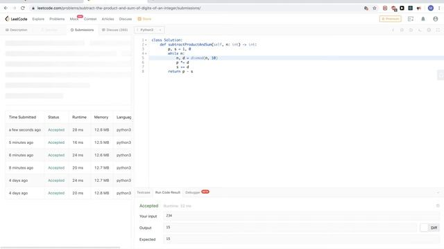 Leetcode 1281: Subtract the Product and Sum of Digits of an Integer смотреть онлайн