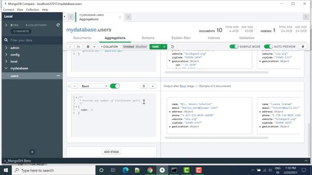 MongoDB Compass Aggregation | $sort смотреть онлайн
