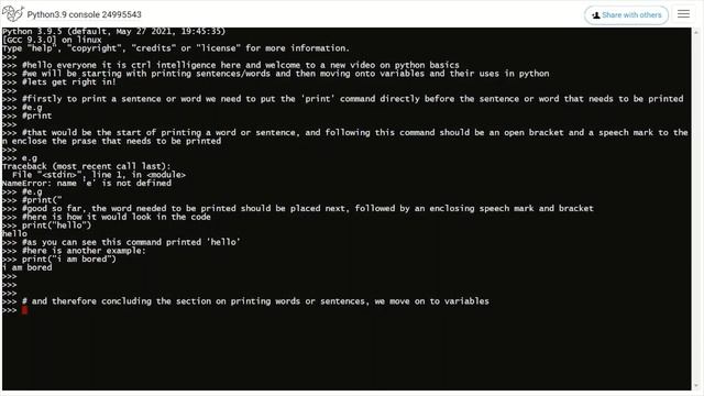 Python Tutorial: The use of the 'print' command and variables смотреть онлайн