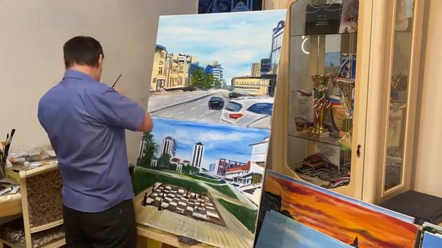 Город Воинской Славы Грозный, улица С.Ларсанова и шахматный дворик маслом на холсте (2-этап). смотреть онлайн