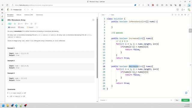 LeetCode 896 | Monotonic Array | Array | 2 Solutions | 2 Passes | 1 Passes | Java смотреть онлайн