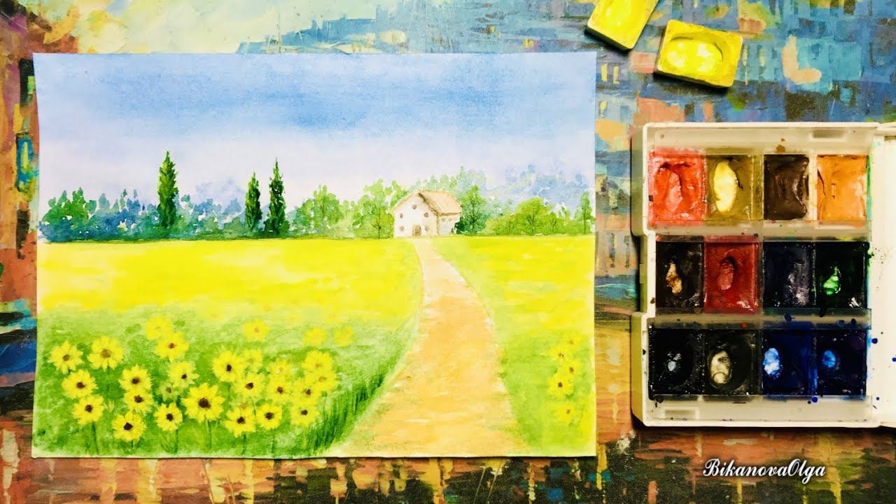 #как_рисовать_акварелью пейзаж летний с подсолнухами . #акварель