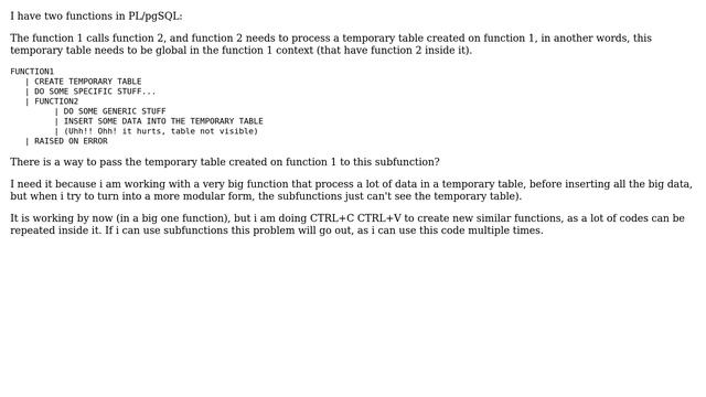 Databases: Make a temporary table visible for a function inside a function (or a subfunction) смотреть онлайн