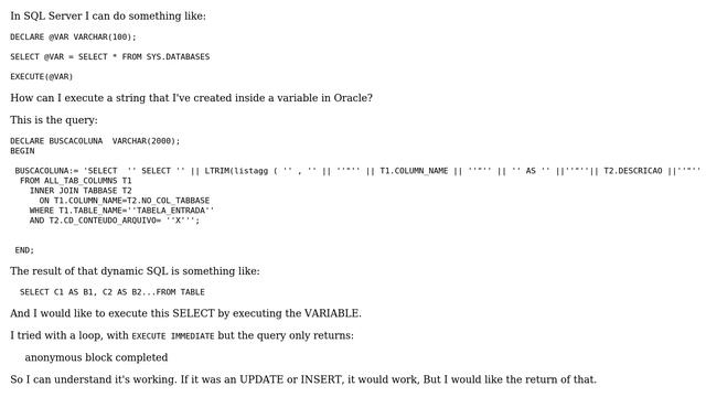 Databases: Executing an oracle variable string as I do in SQL Server смотреть онлайн