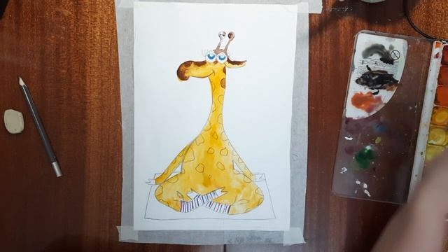 Как нарисовать жирафа. Жираф йог акварелью. Рисуем смешного жирафа с детьми. Мультяшный жираф.