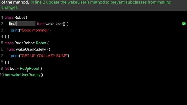 Learn Swift: How To Prevent Subclasses From Changing A Method (Chapter 14 Lesson 15)