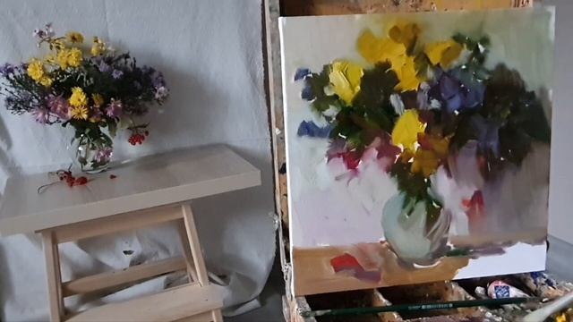 Этюд с хризантемами. Живопись маслом. смотреть онлайн