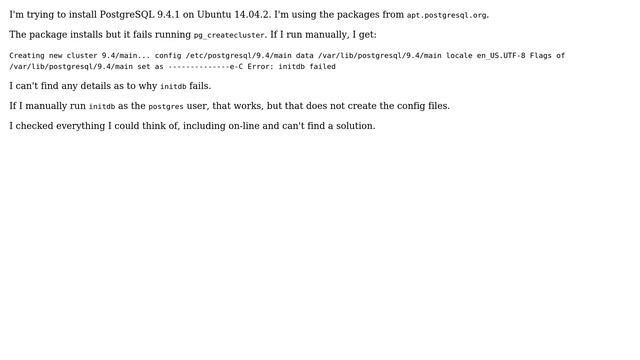 Databases: Postgres 9.4.1 on Ubuntu 14.04.2 LTS fails to install properly смотреть онлайн