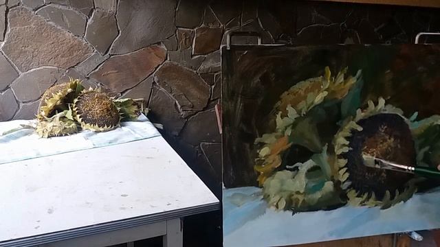 Спелые подсолнухи. Живопись маслом. смотреть онлайн
