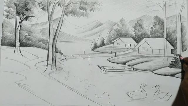 how to draw easy pencil sketch scenery,landscape pahar and river side scenery drawing, смотреть онлайн