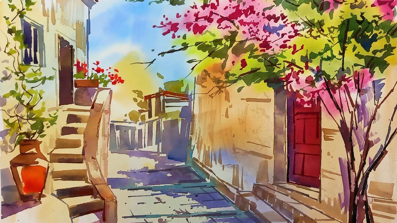 Красивый летний и солнечный пейзаж акварелью, подробный урок смотреть онлайн