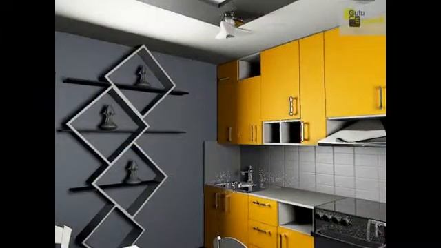 оранжевые фасады в дизайне кухни с контрастным интерьером, полками, светильниками смотреть онлайн