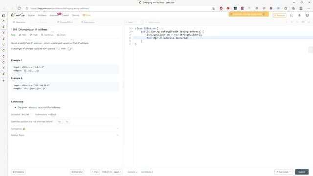 LeetCode 1108 | Defanging An IP Address | String | Java