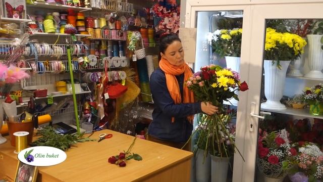 Букет из Хризантем и Роз. Как Сделать Букет из Роз и Хризантем. Olinbuket. Мастер Класс Выпуск 6. смотреть онлайн