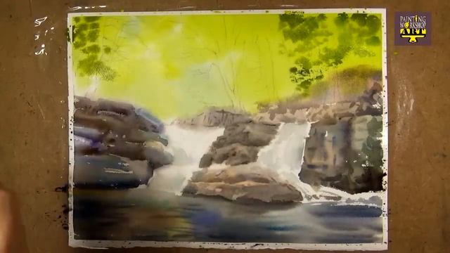 Watercolor Painting The Forest Waterfall