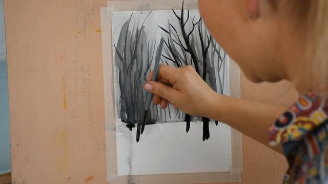 Утро в туманном лесу. Техника гризайль. Акварель. смотреть онлайн
